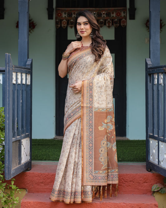 Kalamkari Digital Printed Linen Cotton Saree