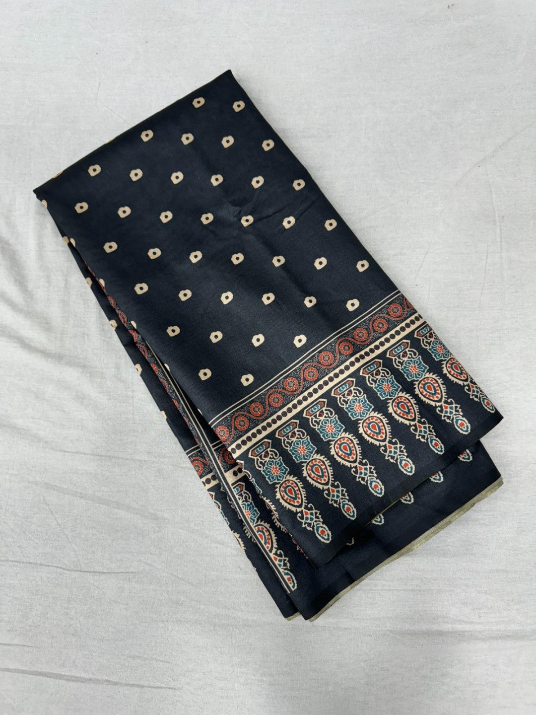 Black Ajrakh Print Tussar Silk Saree
