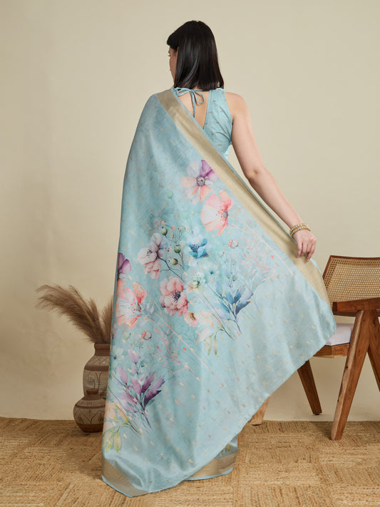 Sky Blue Soft Cotton Saree With Floral Digital Printed Pallu & Zari Border