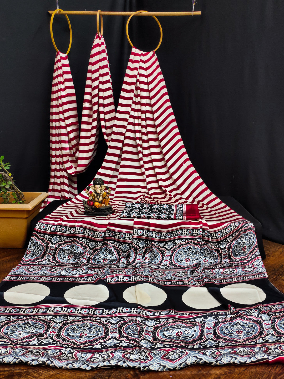 Red Fancy Digital Printed Crepe Silk Saree With Ajrakh Printed Pallu