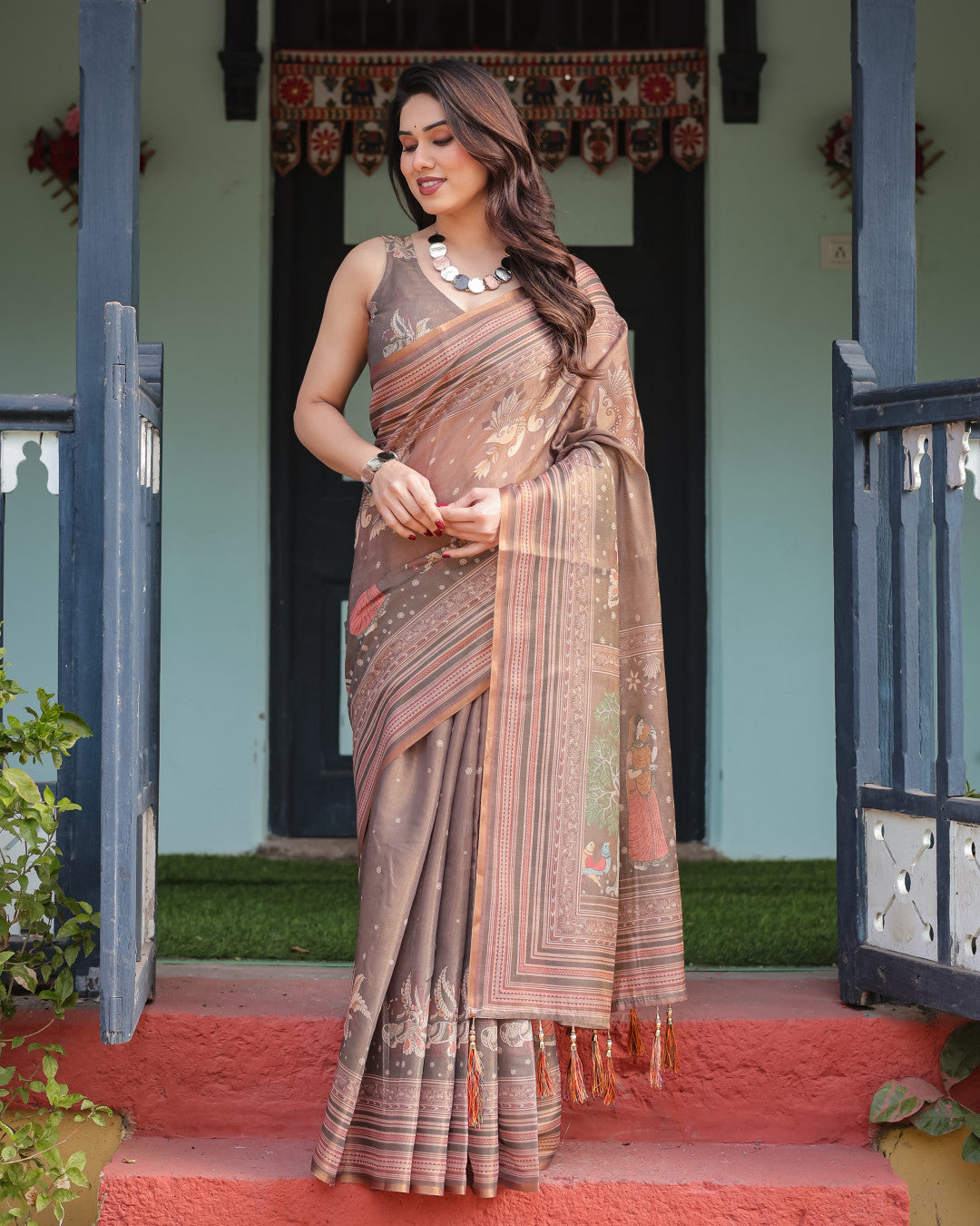 Kalamkari Digital Printed Linen Cotton Saree