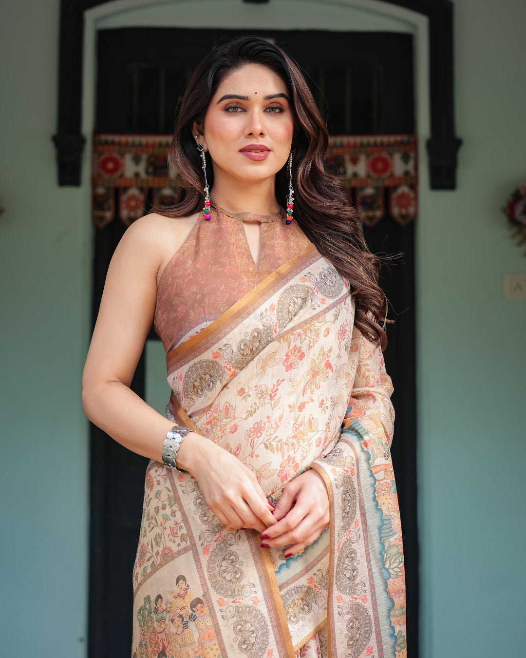 Soft Linen Cotton Saree With Kalamkari Printed Work