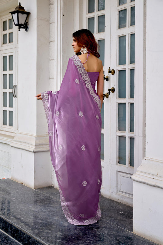 Lavender Fancy Shimmer Chiffon Saree With Embroidery Work