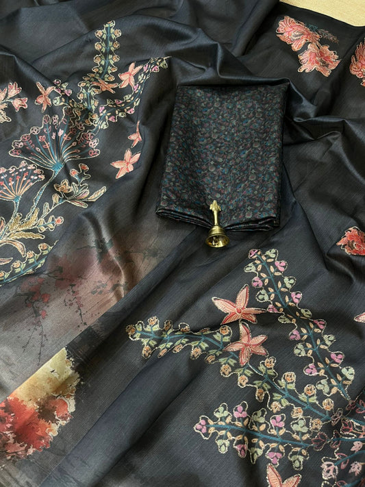 Black Kalamkari Printed Premium Tussar Silk Saree