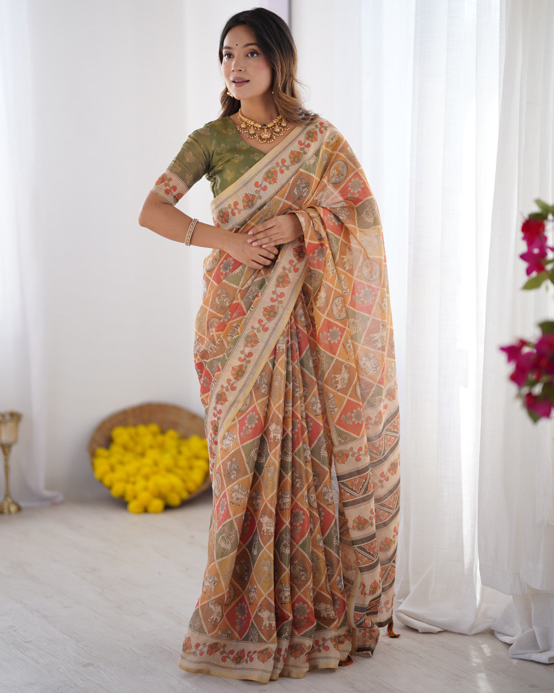 Multi Color Kalamkari Digital Printed Linen Cotton Saree