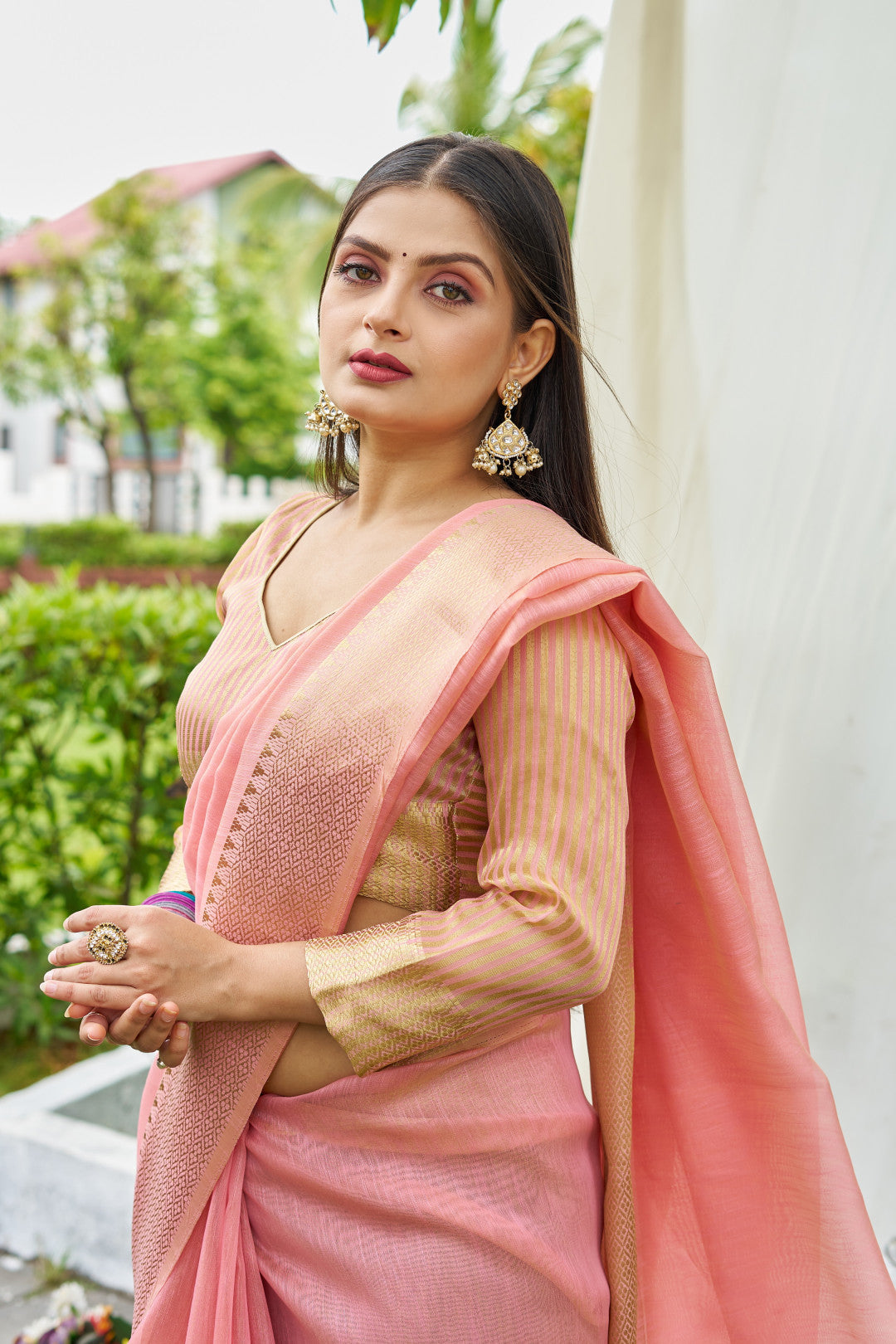 Pink Color Linen Cotton Saree With Zari Weaving Border