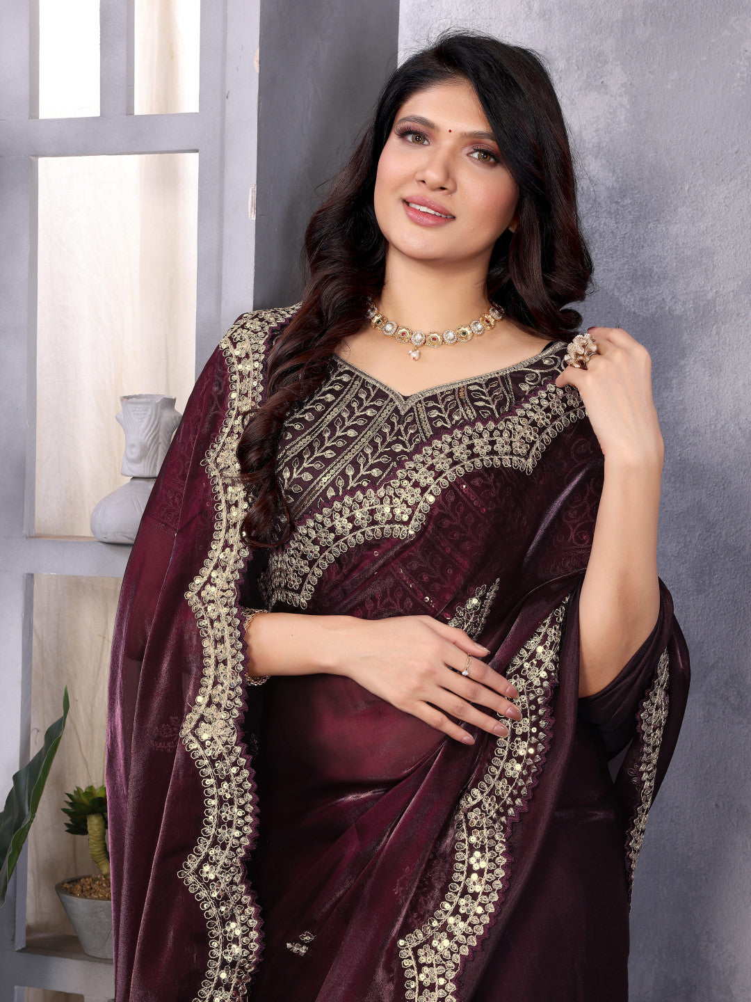 Wine Fancy Shimmer Chiffon Saree With Embroidery Work