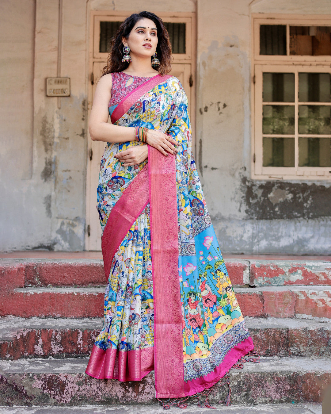 Multi Fancy Kalamkari Digital Printed Tussar Silk Saree