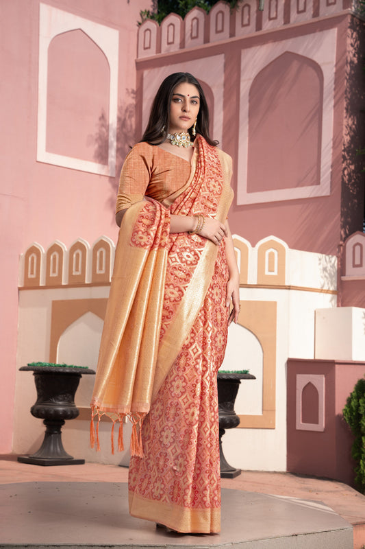 Peach Cotton Ikkat Silk Saree With Zari Woven Work