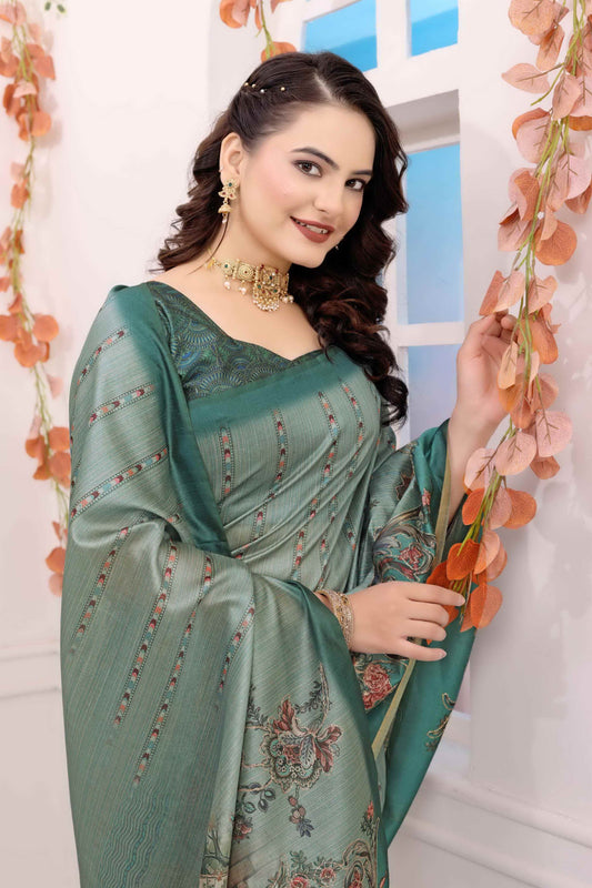 Light Green Kalamkari Printed Premium Tussar Silk Saree