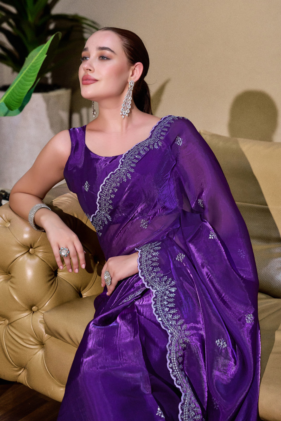 Purple Fancy Shimmer Chiffon Saree With Embroidery Work