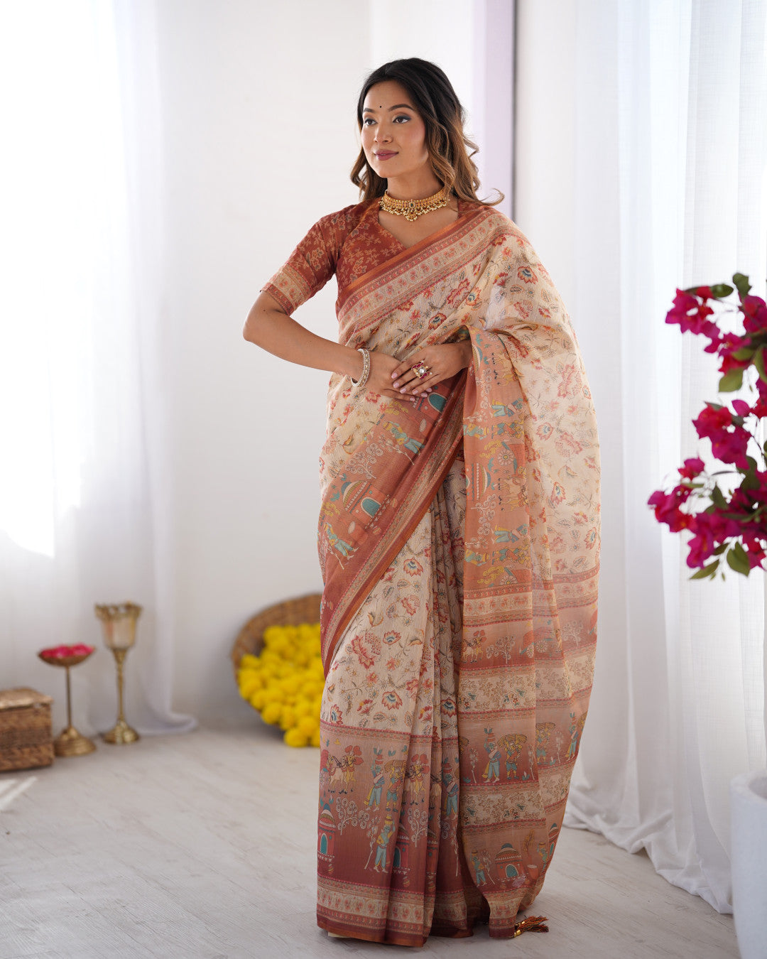 Multi Color Kalamkari Digital Printed Linen Cotton Saree