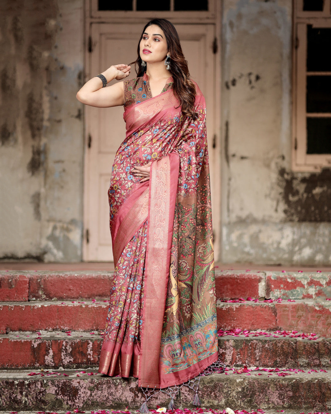 Multi Kalamkari Digital Printed Dola Silk Saree With Gold Zari Border