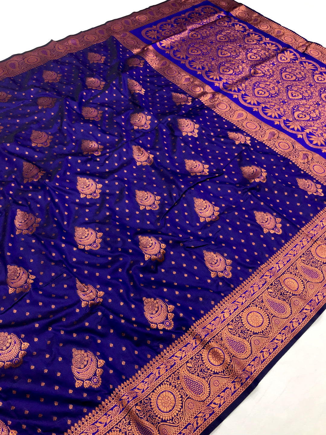 Royal Blue Elegant Banarasi Silk Saree With Copper Zari Woven Work