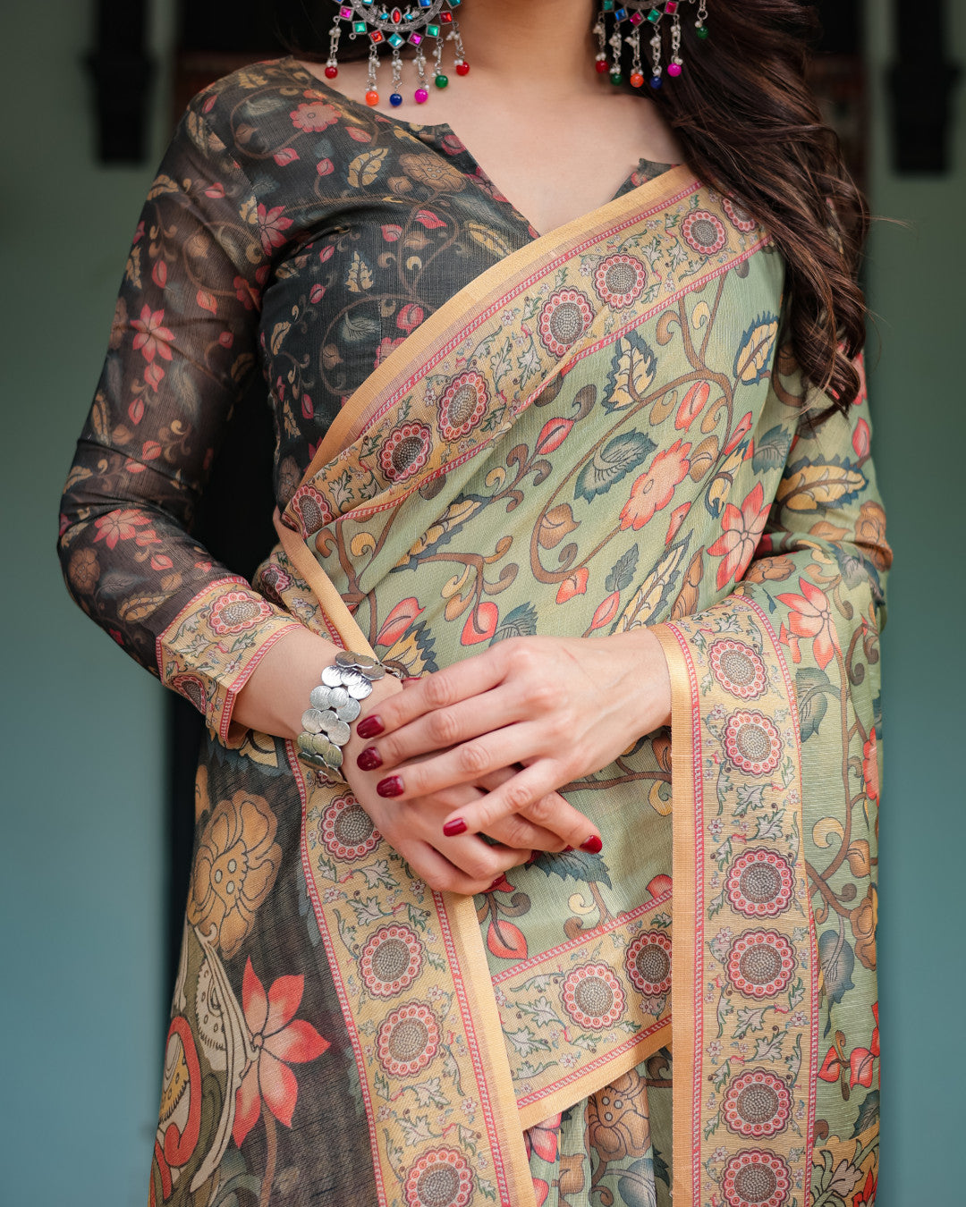 Soft Linen Cotton Saree With Kalamkari Printed Work