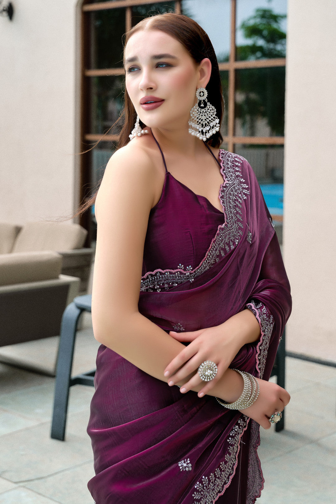 Wine Fancy Shimmer Chiffon Saree With Embroidery Work