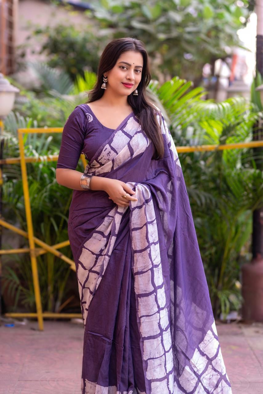 Purple Soft Cotton Saree With Batik Printed Work