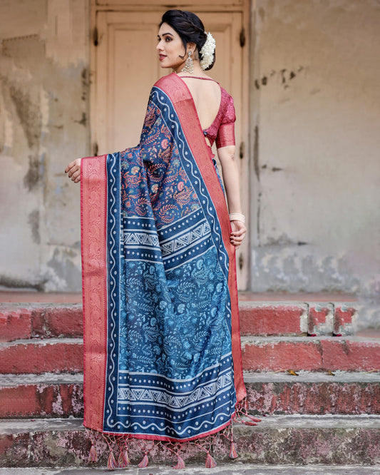 Navy Blue Digital Kalamkari Printed Tussar Silk Saree With Zari Motif Border