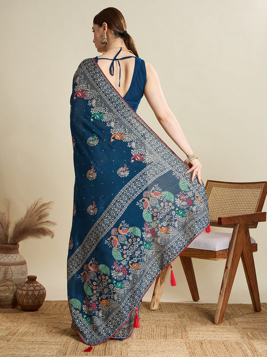 Navy Blue Cotton Saree With Table Printed And Foil Work With Pipeing Border