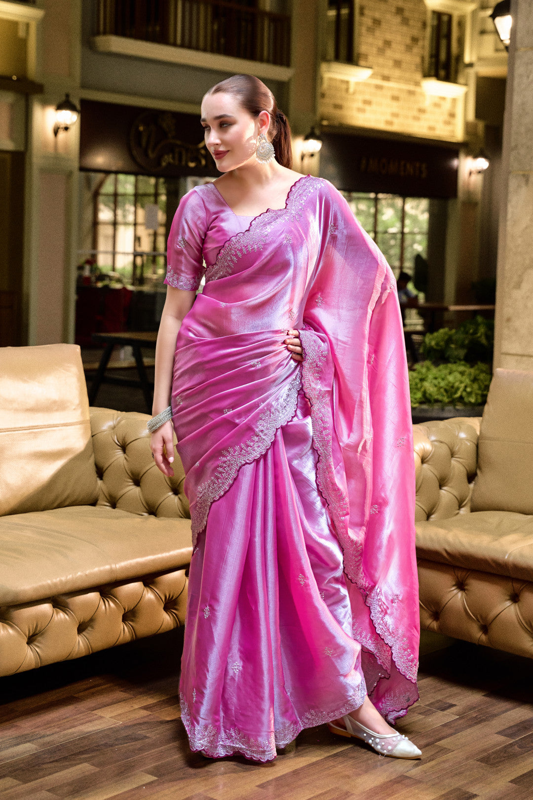 Light Pink Fancy Shimmer Chiffon Saree With Embroidery Work