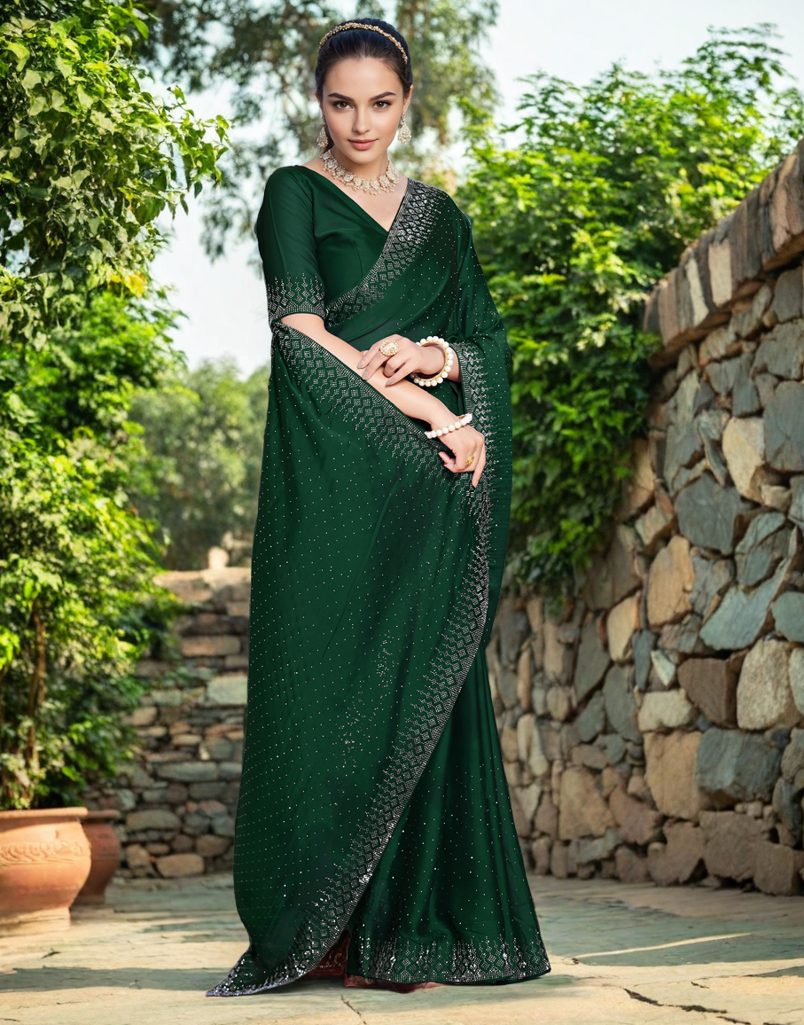 Fancy Dark Green Rangoli Silk Saree With Diamond Work