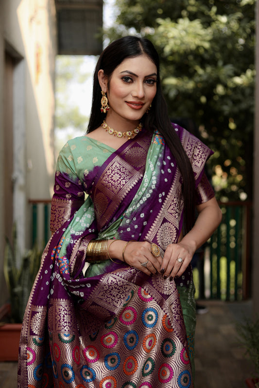 Multi Color Soft Bandhej Silk Saree With Zari Weaving Work