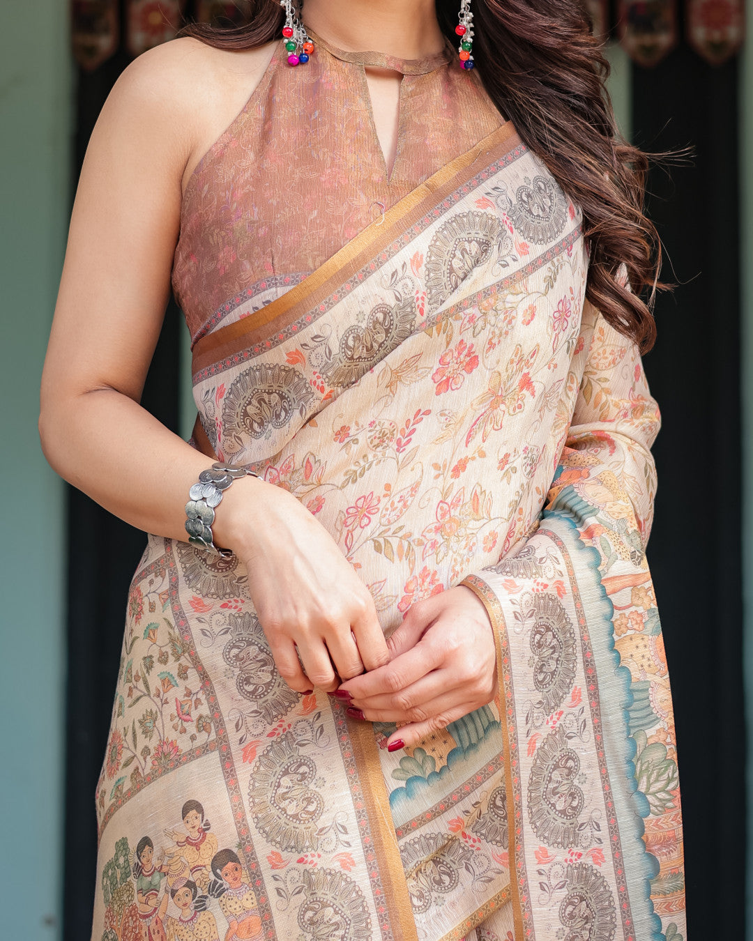 Soft Linen Cotton Saree With Kalamkari Printed Work