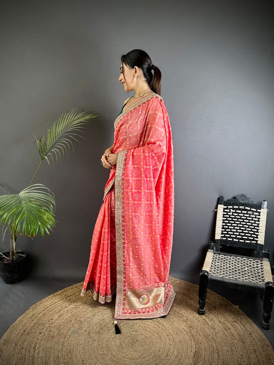 Peach Traditional Blooming Vichitra Khadi Bandhej Silk Saree With Sequence Work