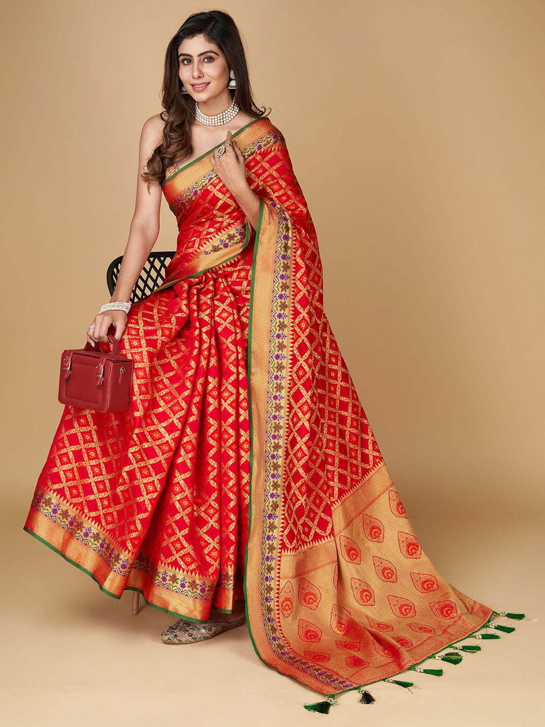 Red Color Patola Silk Saree With Zari Weaving Work