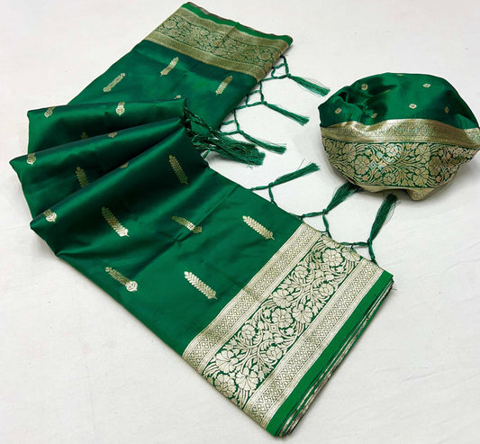 Green Soft Banarasi Silk Saree With Zari Weaving Work