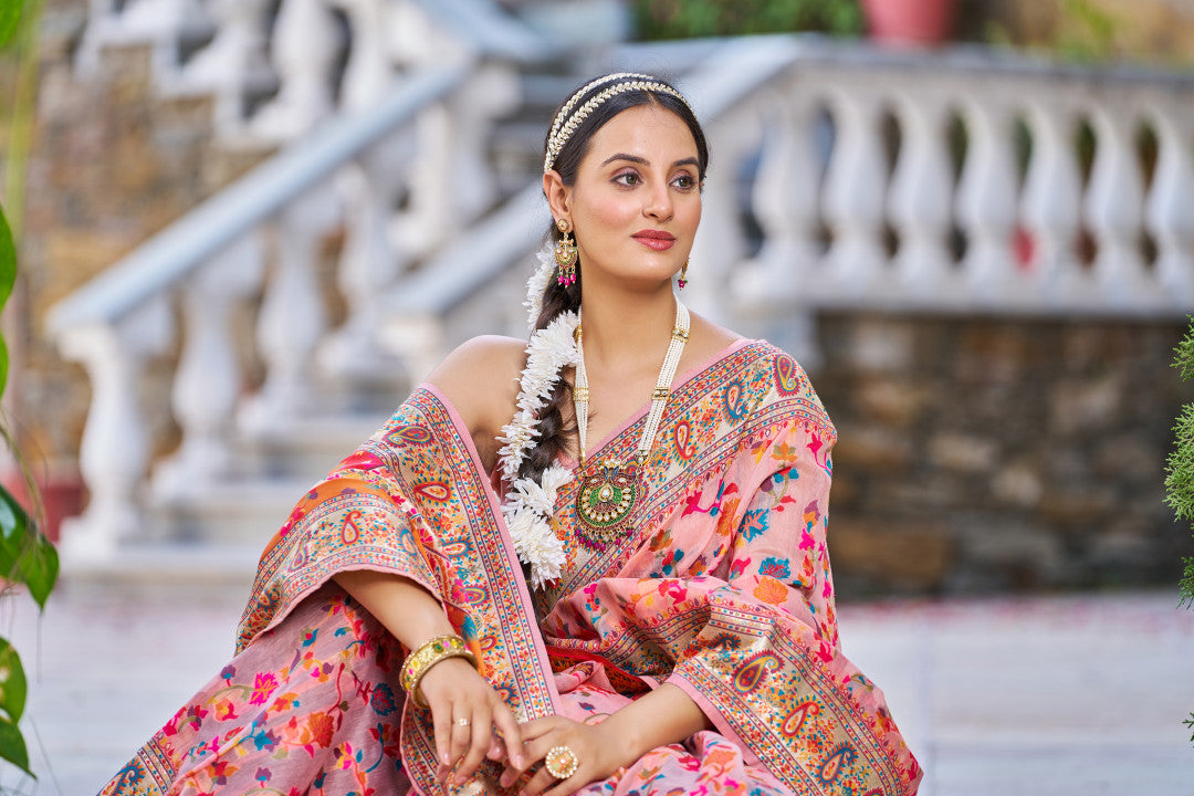 Peach Color Banarasi Silk Saree With Zari Weaving Work