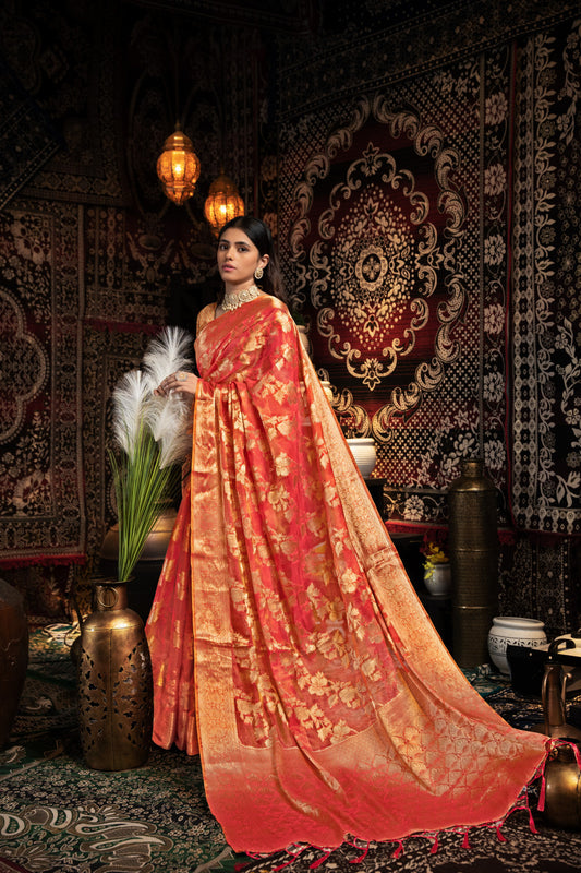 Red Jimmy Choo Saree With Weaving Work