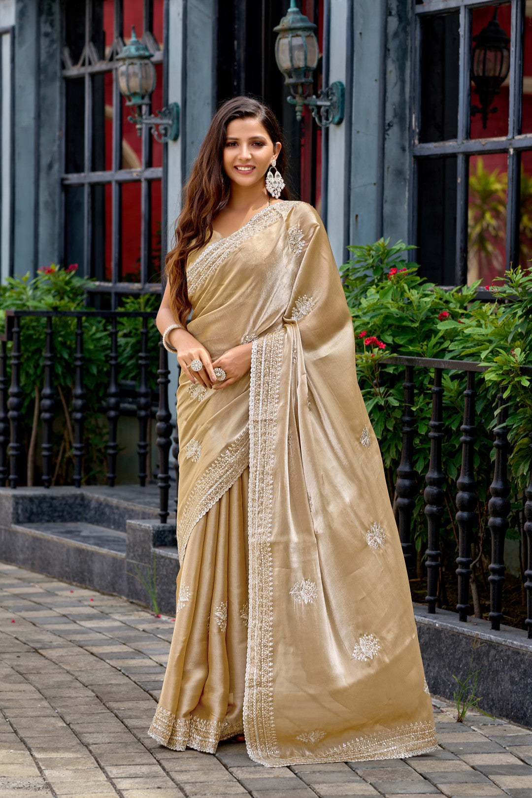 Cream Fancy Shimmer Chiffon Saree With Embroidery Work