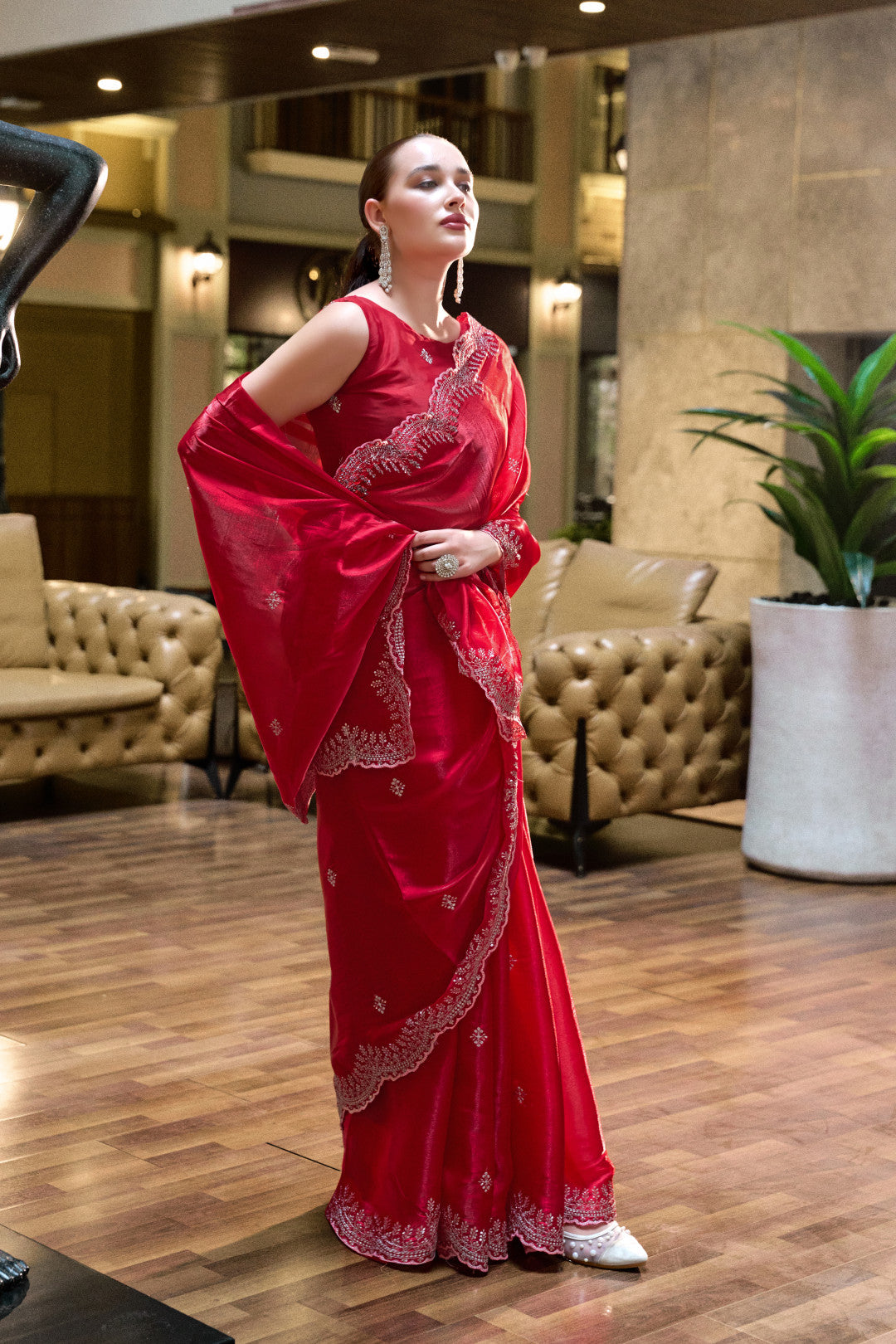 Red Fancy Shimmer Chiffon Saree With Embroidery Work