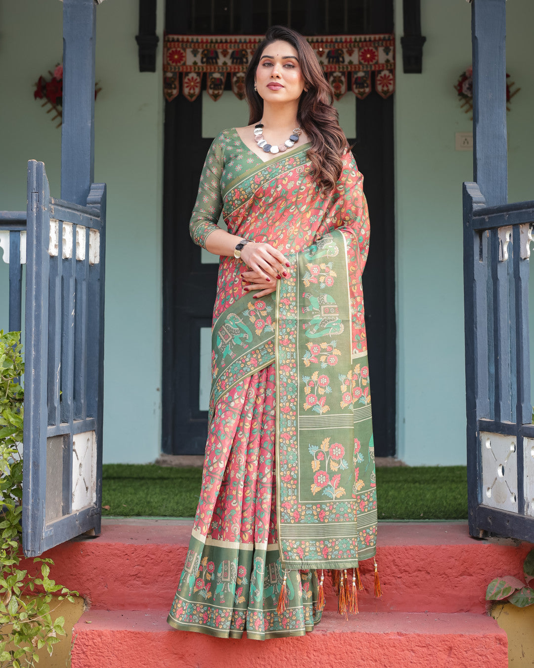 Kalamkari Digital Printed Linen Cotton Saree