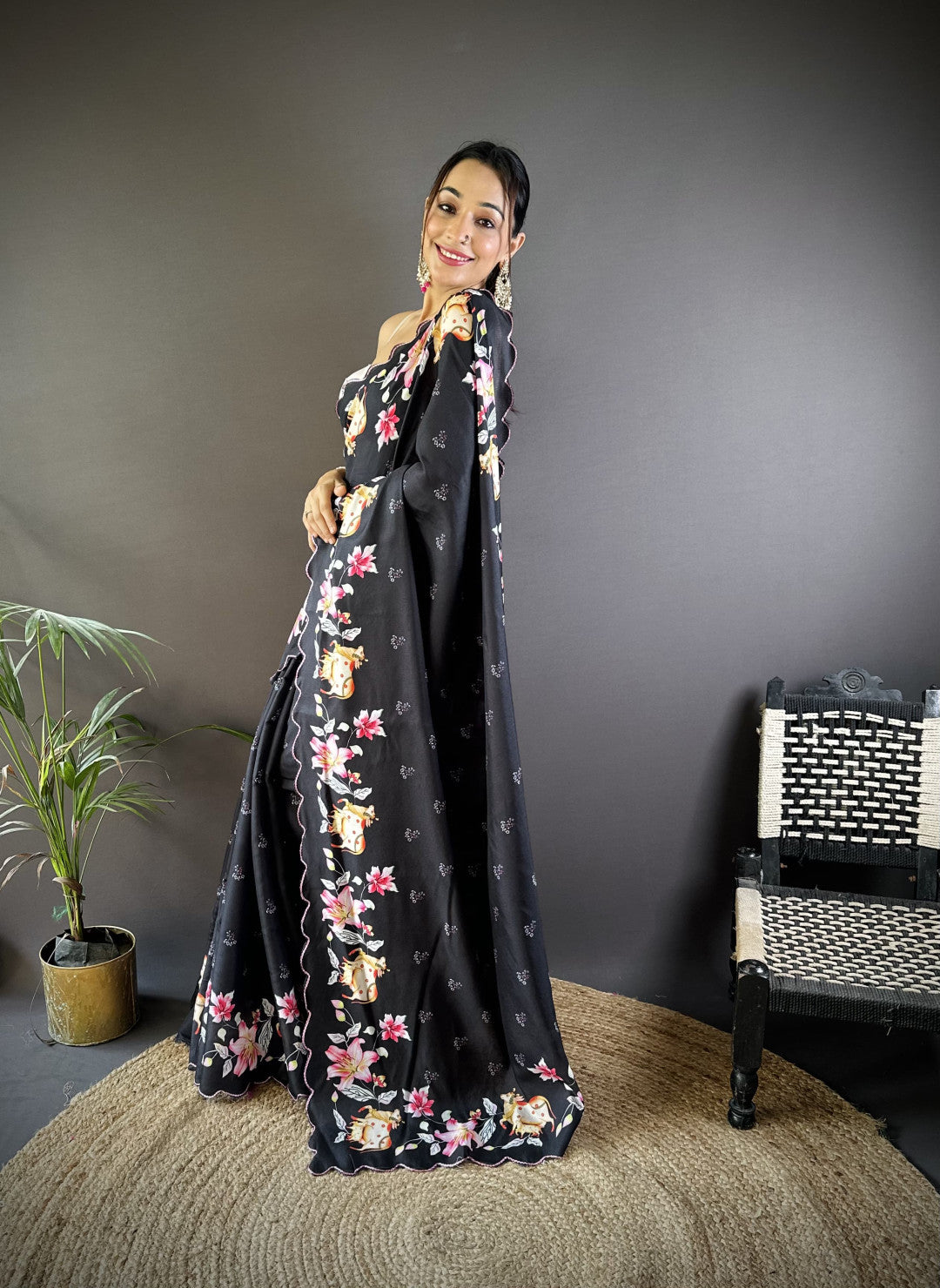 Black Gadhwal Silk Saree With Pichwai Print And Embroidery Cut Work