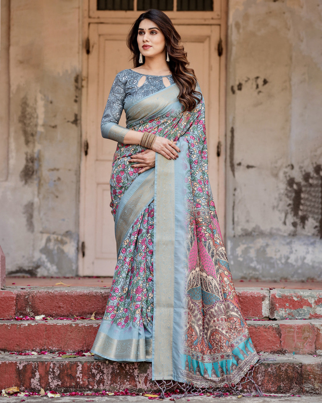 Multi Kalamkari Digital Printed Dola Silk Saree With Gold Zari Border