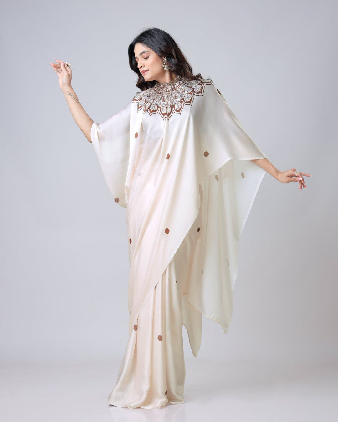 Cream Fancy Satin Georgette Ready To Wear Saree With Freehand Printed Work
