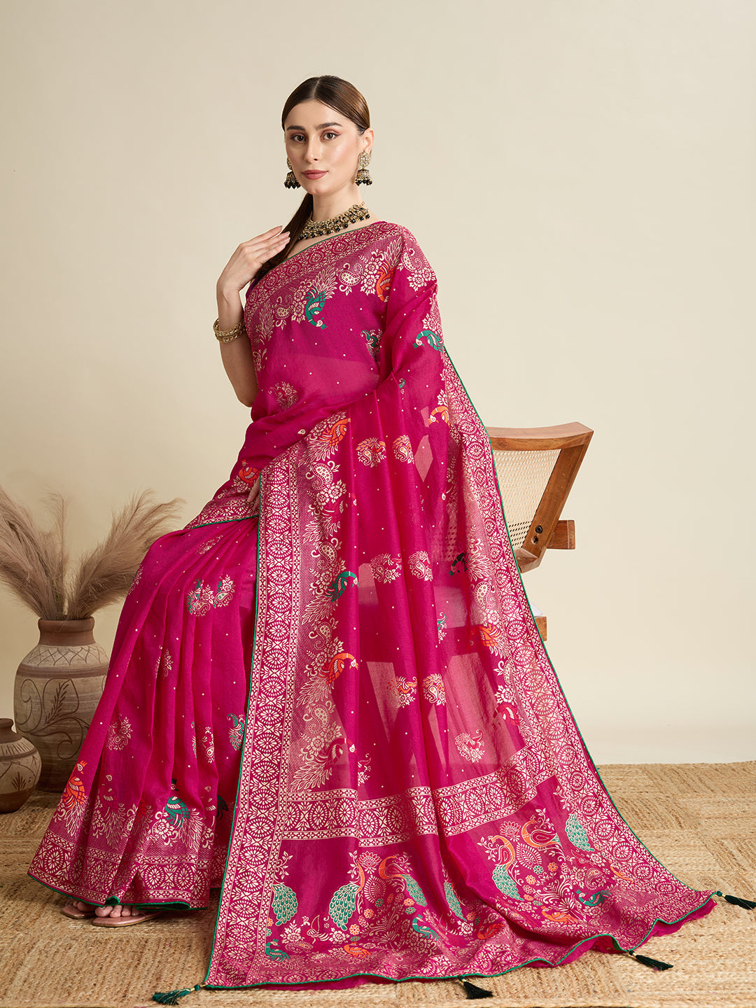 Pink Cotton Saree With Table Printed And Foil Work With Pipeing Border
