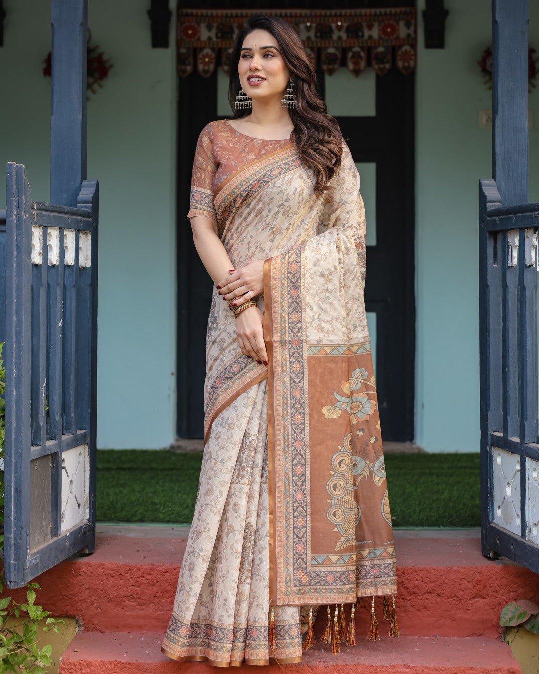 Kalamkari Digital Printed Linen Cotton Saree