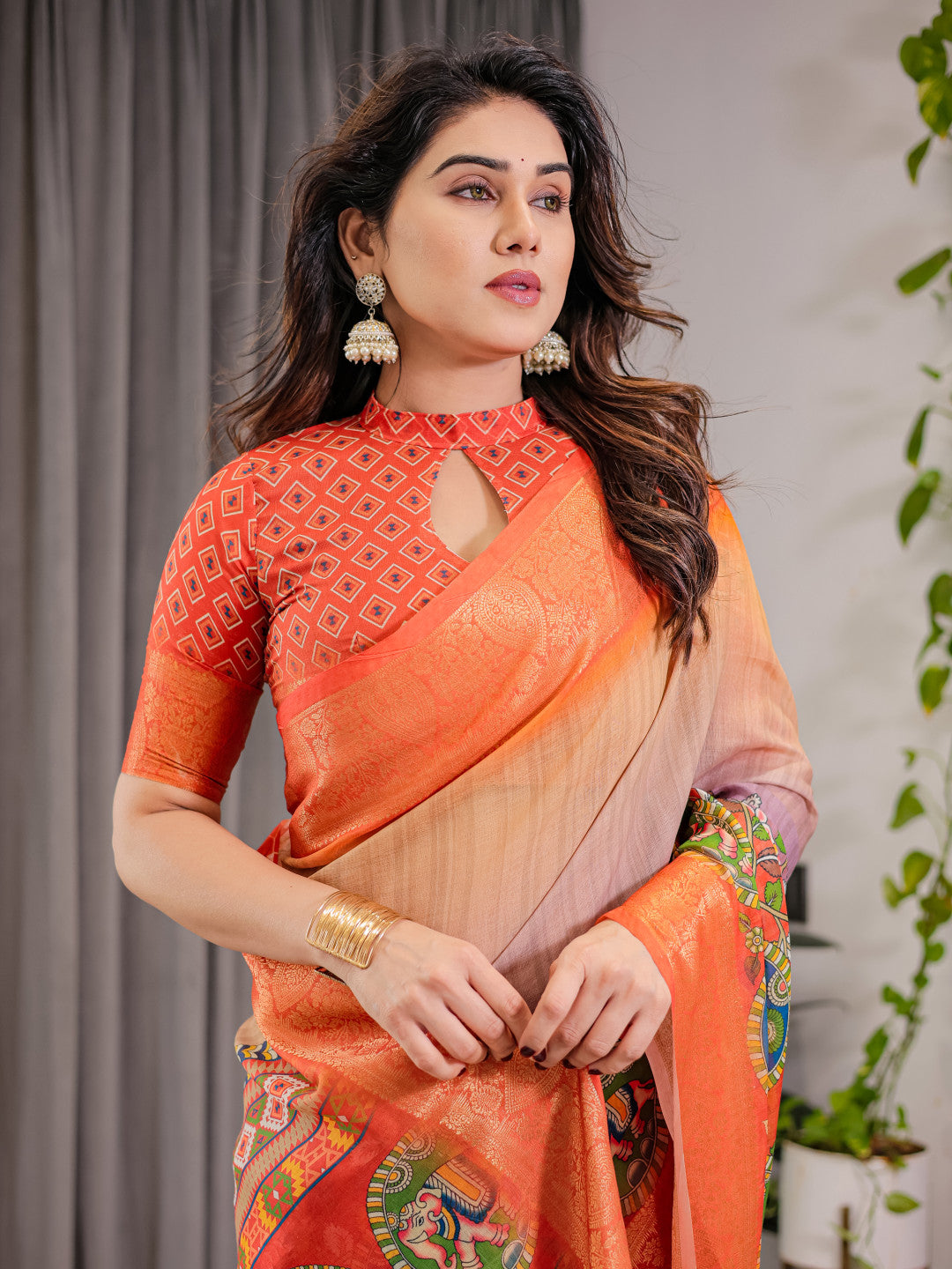 Kalamkari Digital Printed Linen Cotton Saree