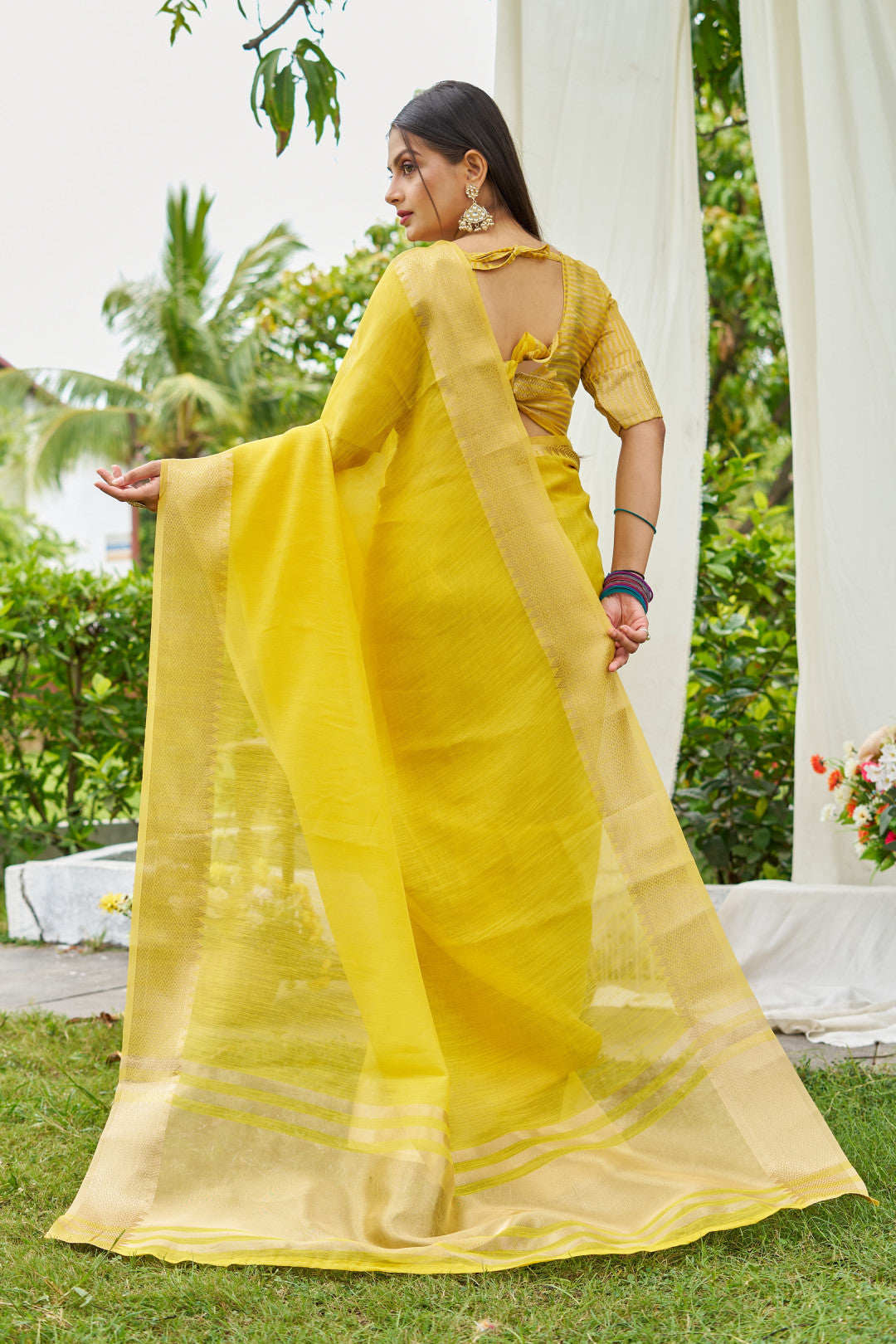 Yellow Color Linen Cotton Saree With Zari Weaving Border