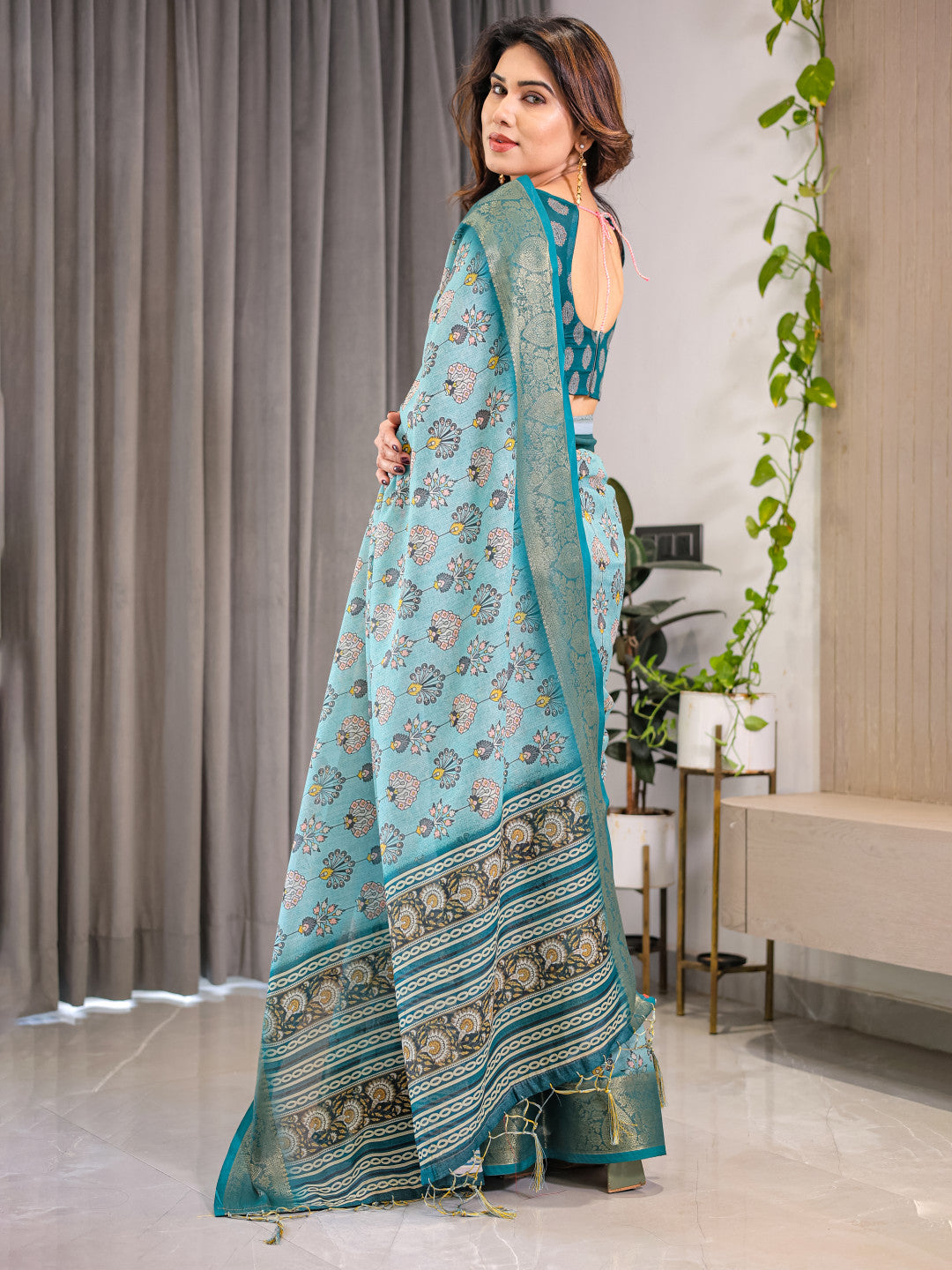 Kalamkari Digital Printed Linen Cotton Saree
