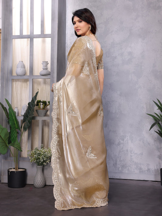 Beige Fancy Shimmer Chiffon Saree With Embroidery Work