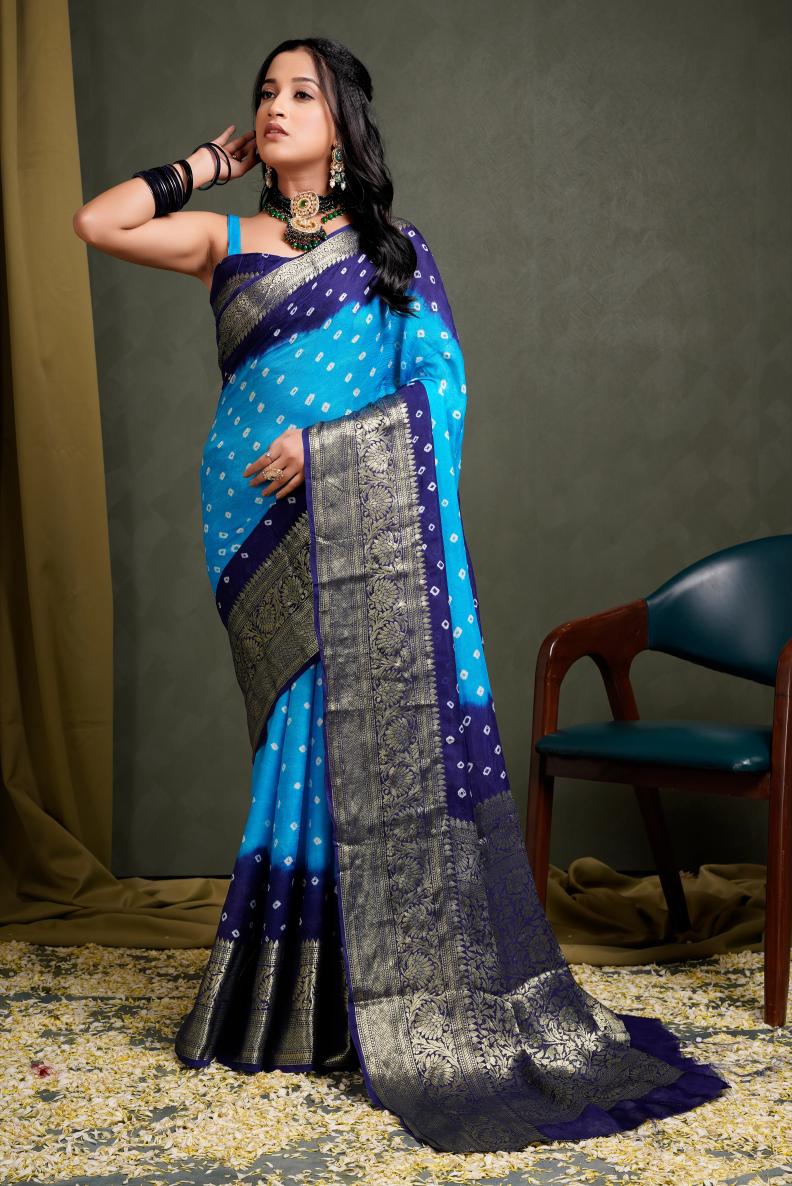 Hand Bandhej Bandhani Saree With Zari Border