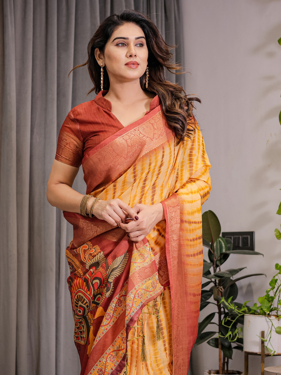 Kalamkari Digital Printed Linen Cotton Saree