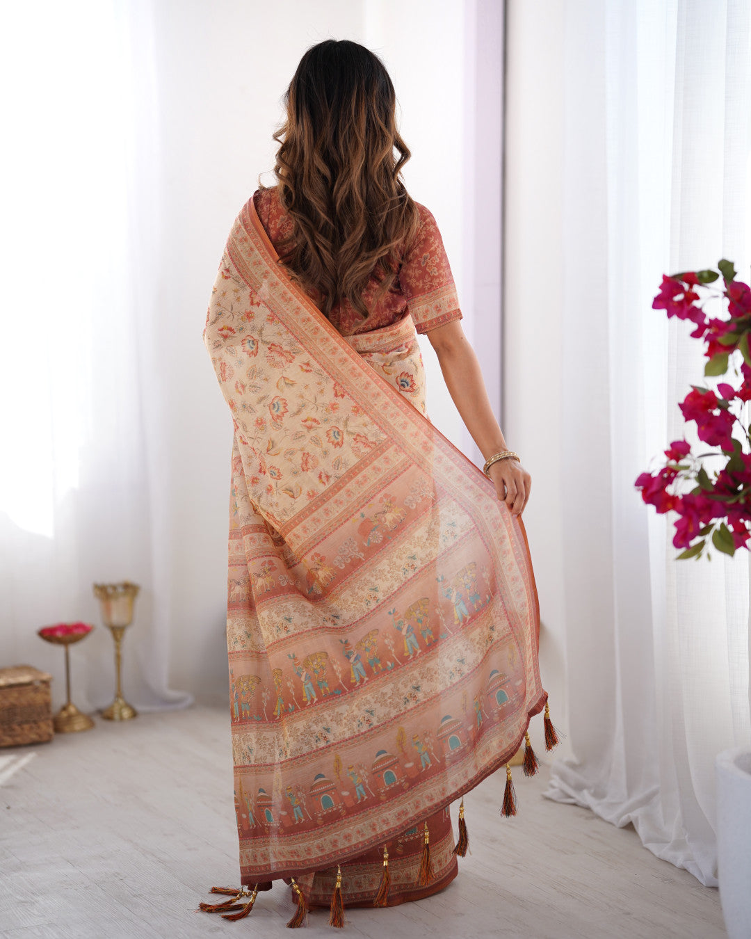Multi Color Kalamkari Digital Printed Linen Cotton Saree