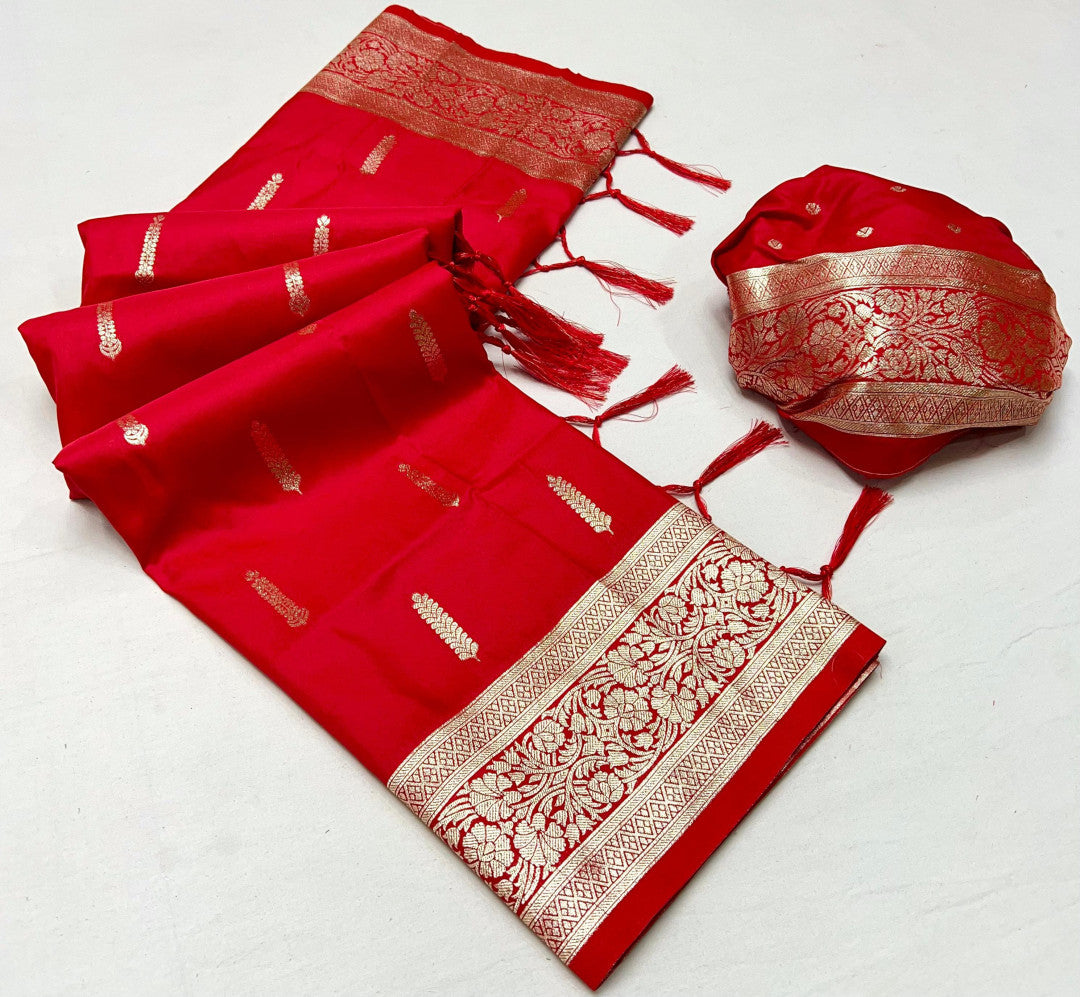 Red Soft Banarasi Silk Saree With Zari Weaving Work