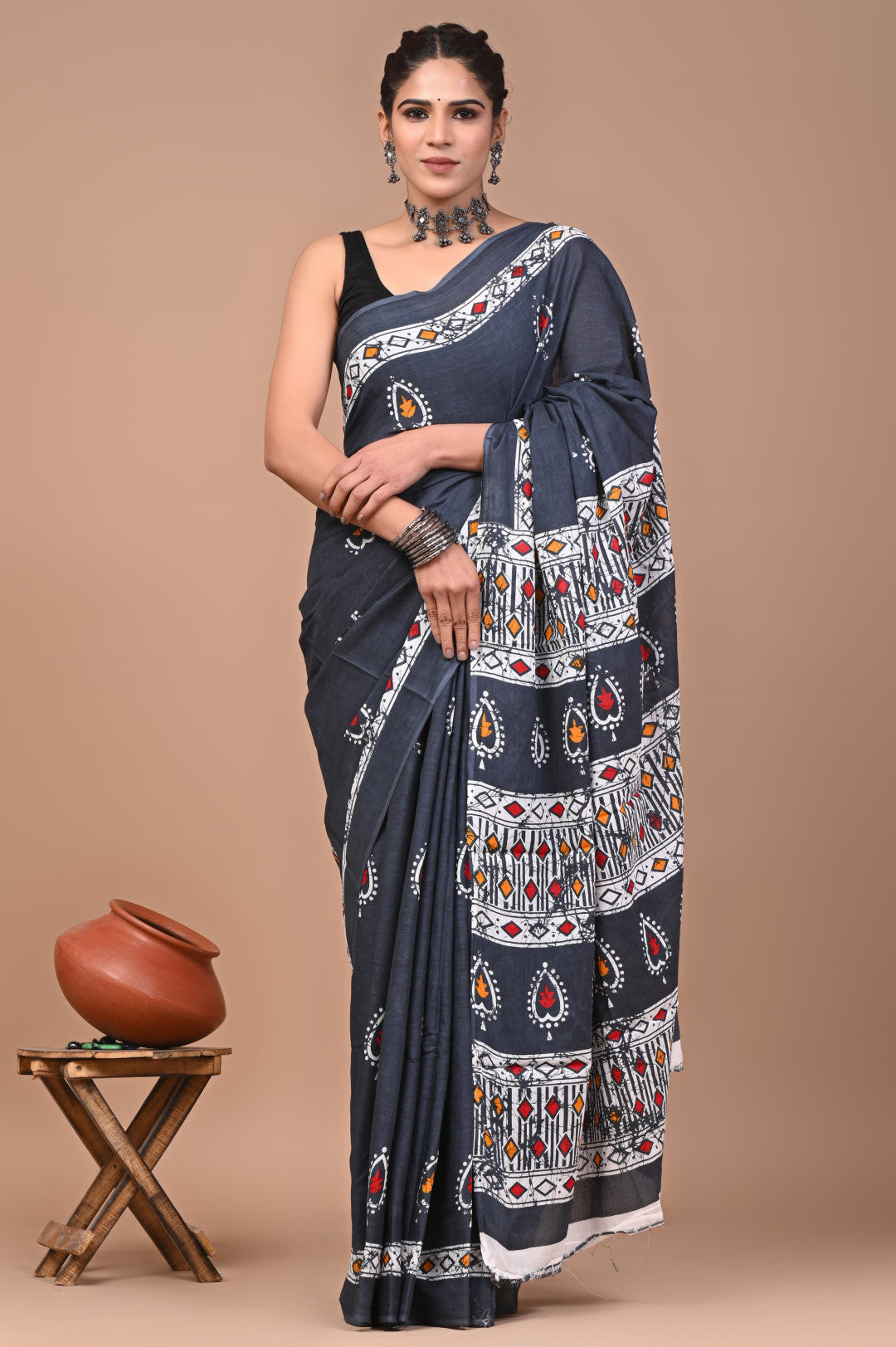 Black Pure Mulmul Cotton Saree With Bagru Hand Block Printed Work