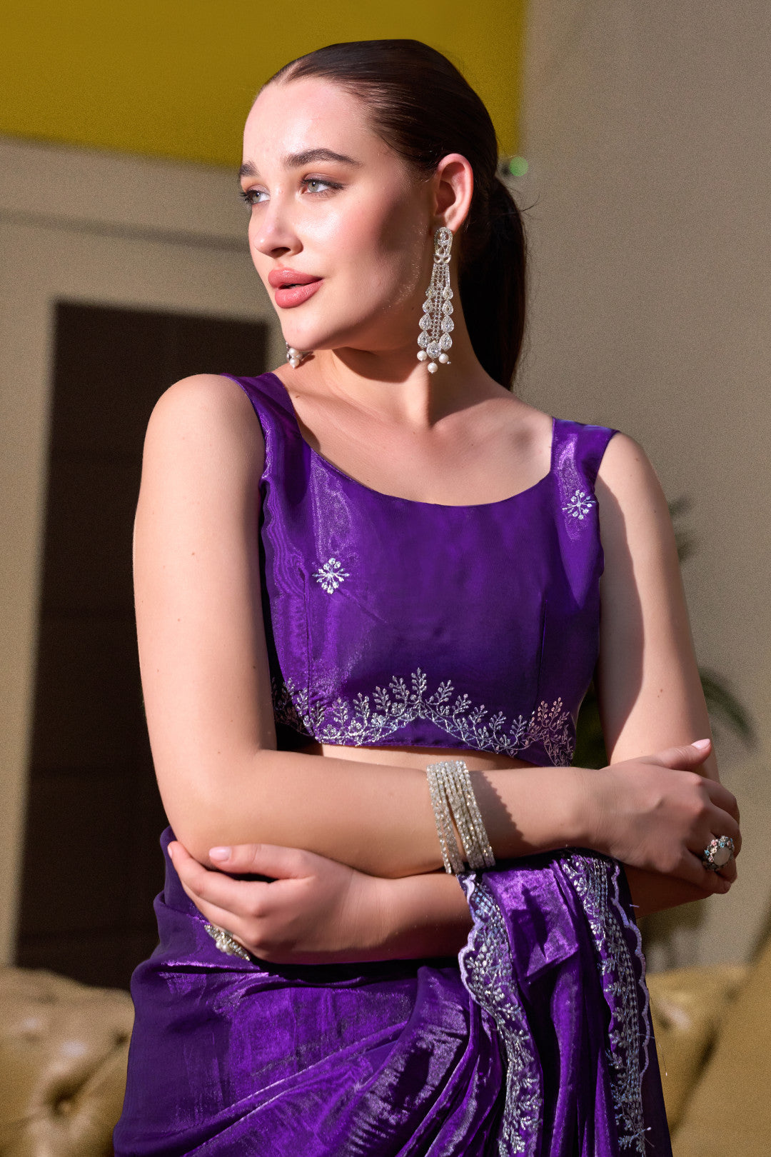 Purple Fancy Shimmer Chiffon Saree With Embroidery Work